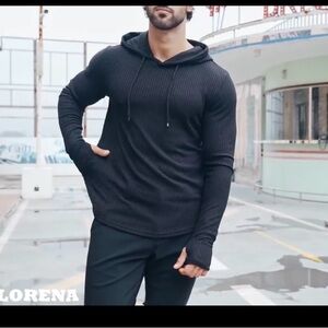 KELLORENA Men's Muscle Fit Ribbed Knit Hoodie Navy Blue - Size S